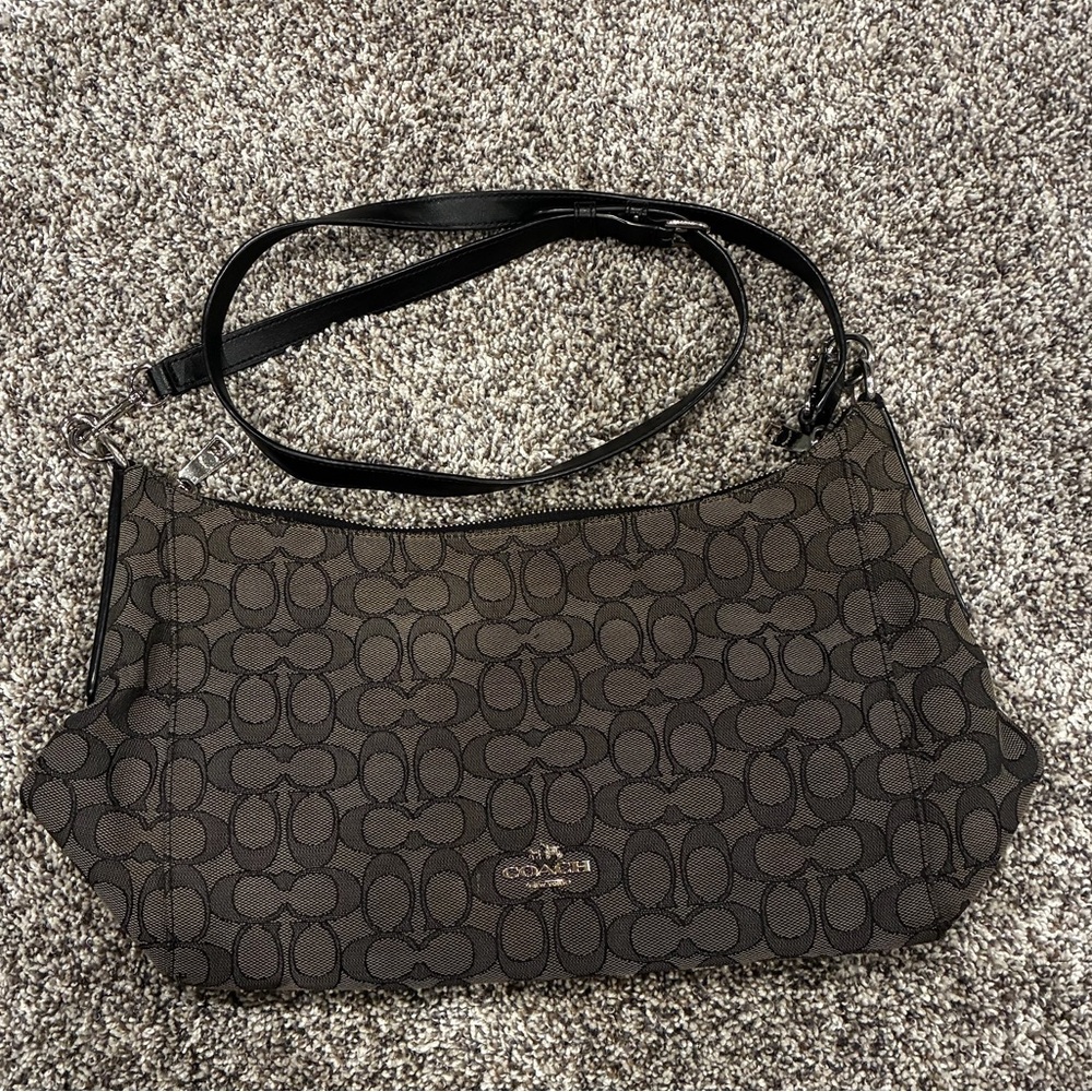 Coach Signature Black and Tan Fabric Hobo Bag